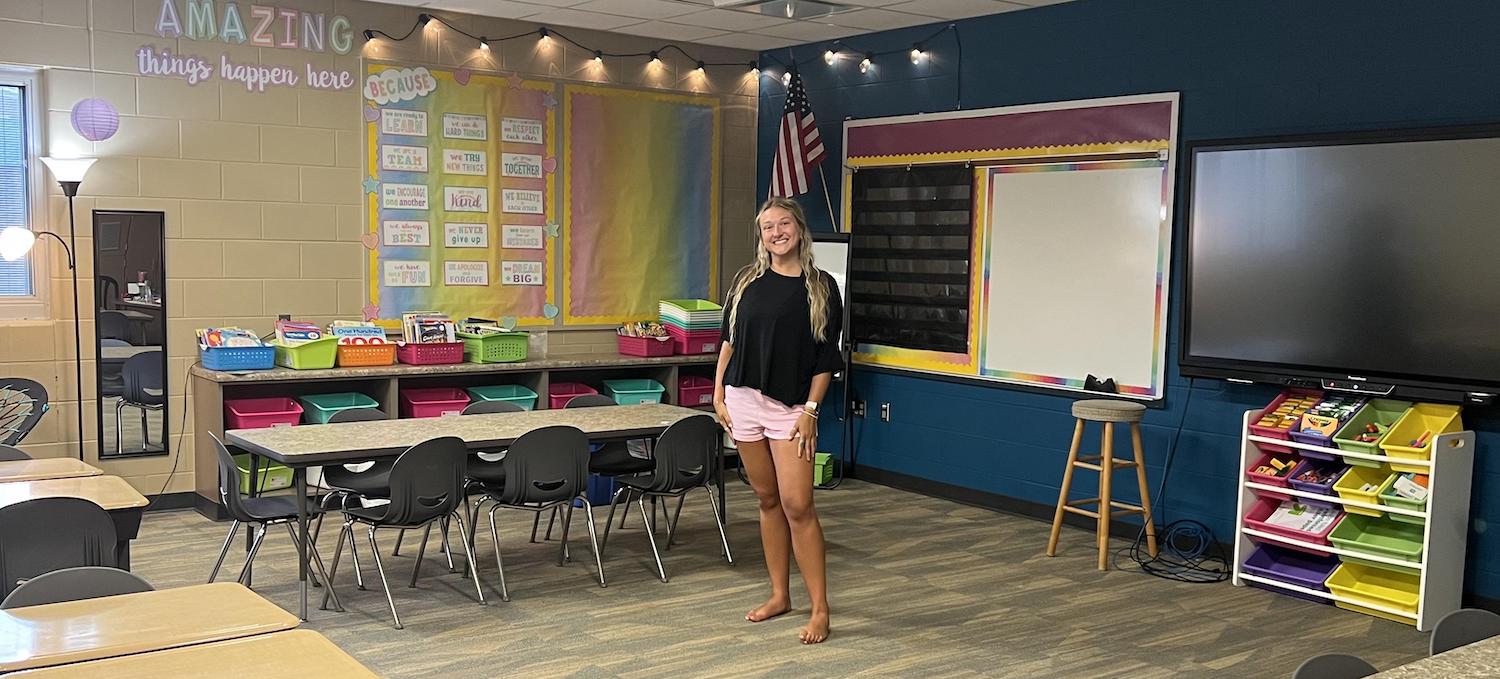 Samantha in her first classroom